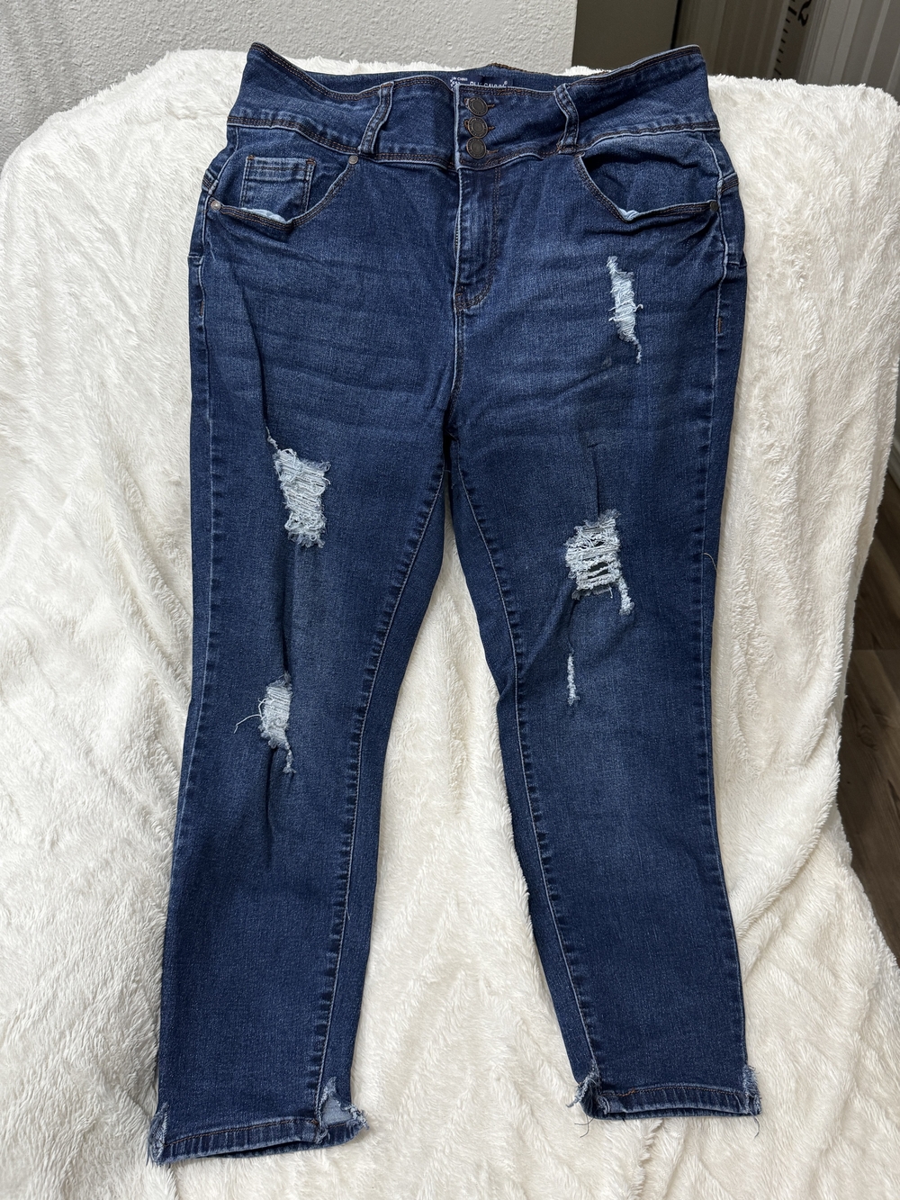 High-Rise Dark Blue Distressed Ankle Stretchy Jeans for Women By Blue Savvy